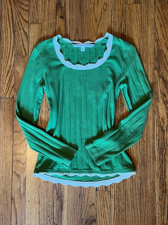 Tommy Hilfiger Tops - Tommy Hilfiger Green Ribbed Long-Sleeve Top with White Lace Trim